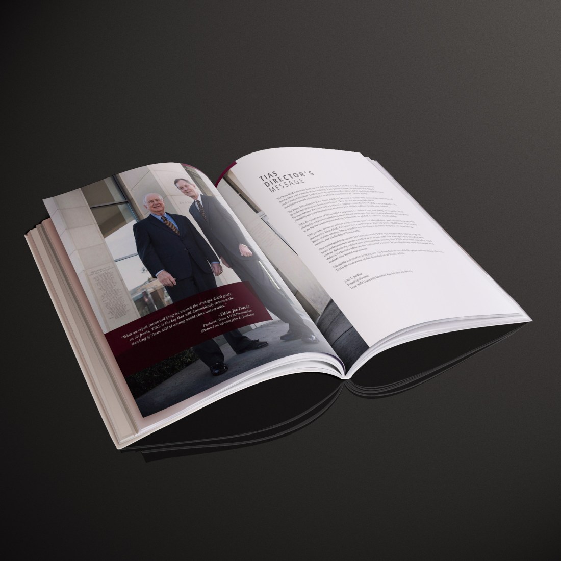 Stylized photography throughout the annual report focused on architecture. Special attention ensured the feature photo of the TIAS founding director was consistent with the report’s style.